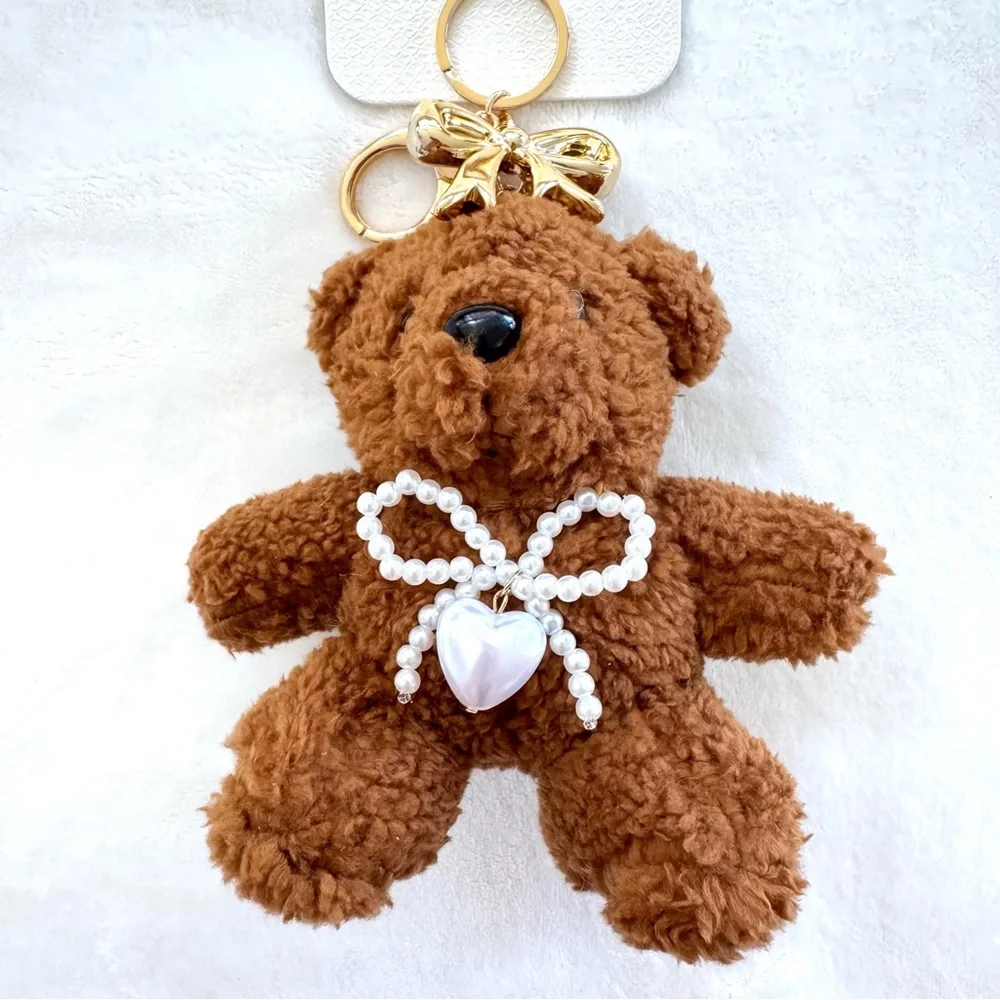Natasha Brown Teddy Bear Plushie w/ Bows & Heart Key Chain / Bag Charm